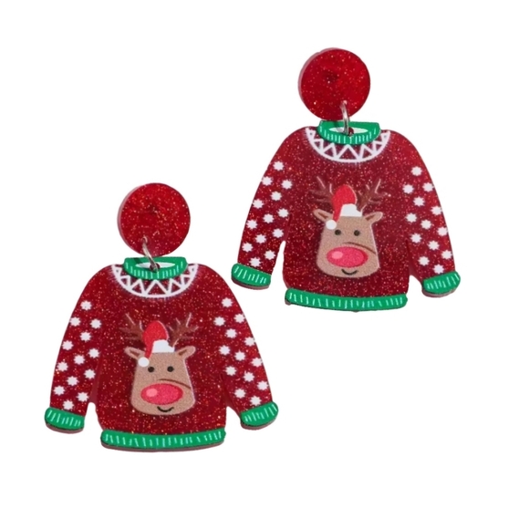 EverRoseLane Jewelry - Christmas Santa Hat Reindeer Sweater Acrylic Post Holiday Festive Earrings New